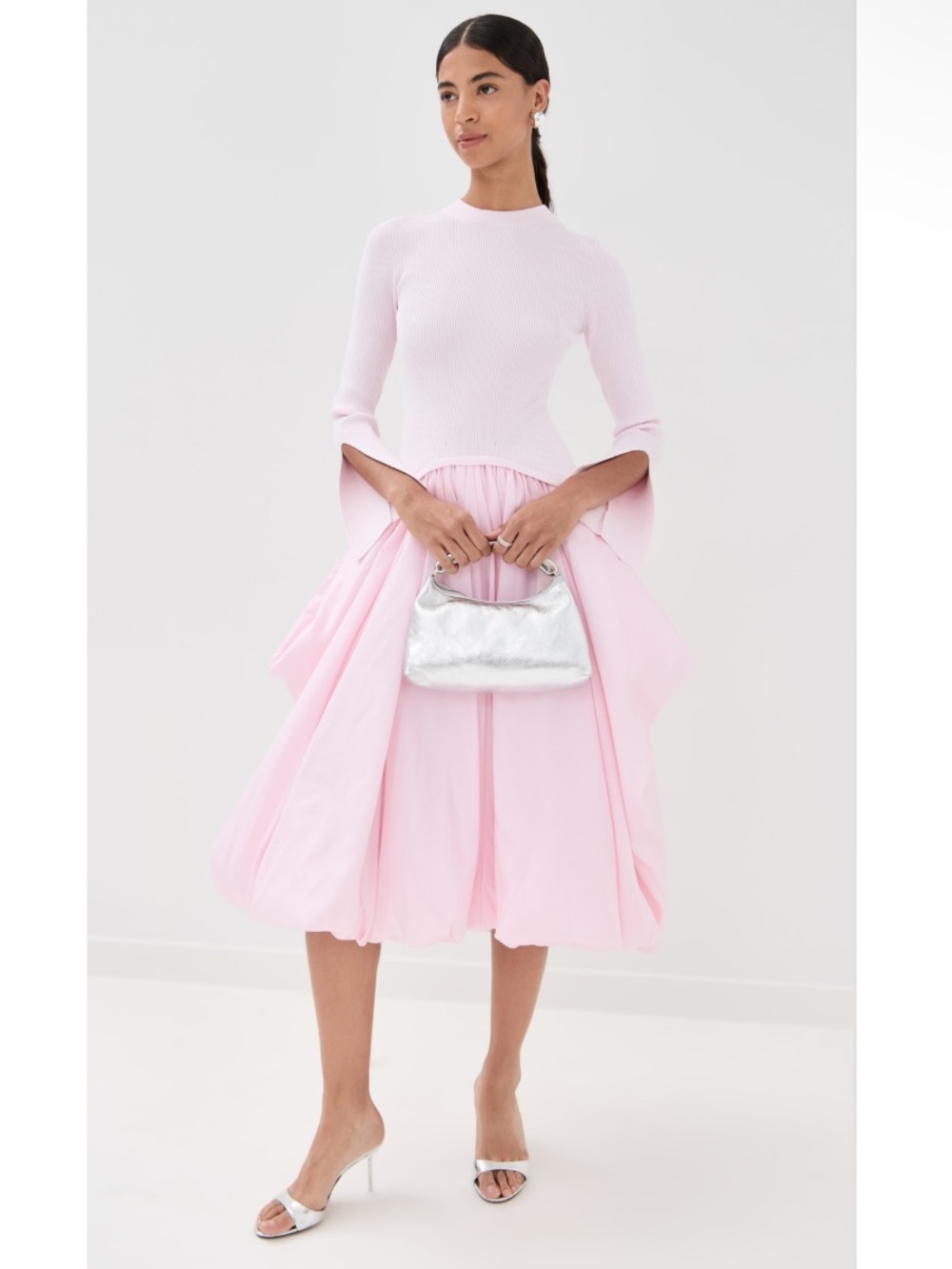 Simkhai Kenlie Long Sleeve Mock Neck Midi Dress in Blush Light Pink Medium NEW